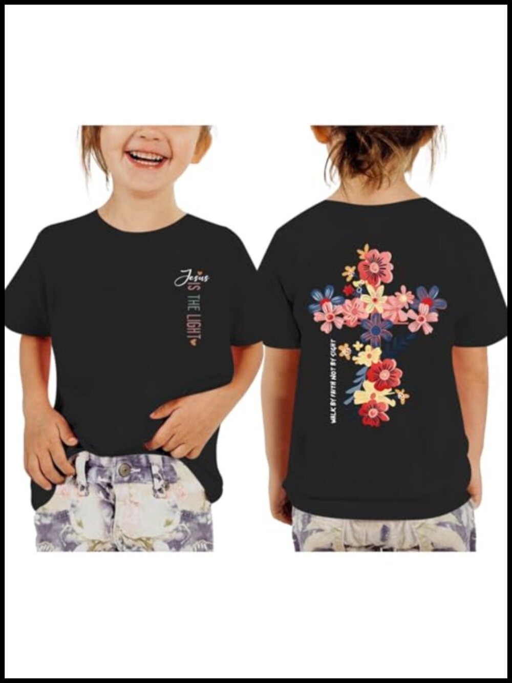 Girls Christian Jesus is The Light Graphic Tee Boho Floral Cross T-Shirt